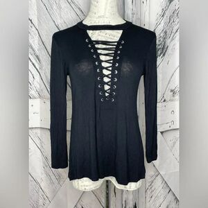 Active USA Lace Up Choker Neck Long Sleeve Top Black M